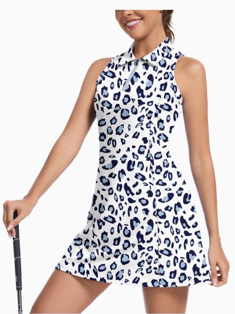 Sleeveless Polo Dress With Blue Leopard Print
